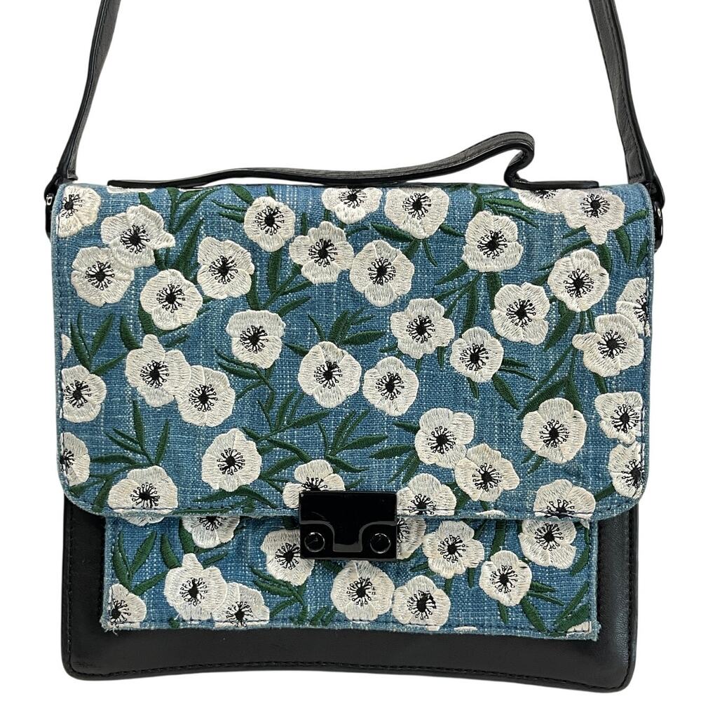 Loeffler Randall Blue Floral Embroidered Shoulder Hand Bag Black Leather Flap